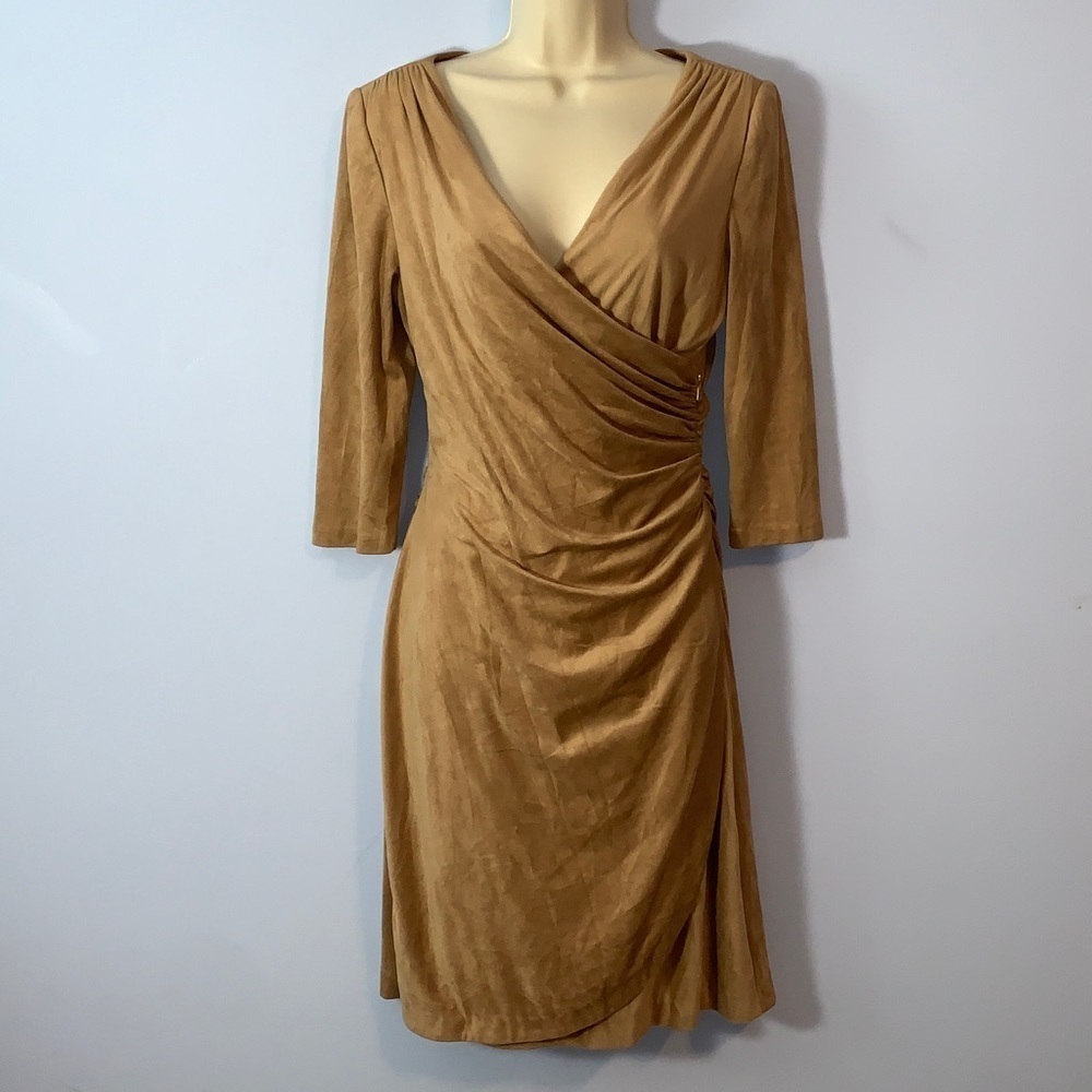 Kay Unger New York camel faux suede wrap ruched 3/4 Sleeve dress size 6